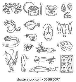 Seafood Outline Icons.
Outline black icons with fish, caviar and other seafood.