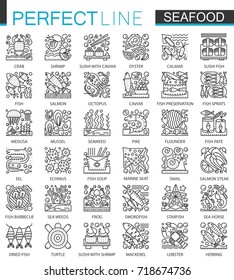 Seafood outline mini concept symbols. East restaurant sea food modern stroke linear style illustrations set. Perfect thin line icons.