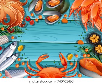 Seafood over blue wooden sea theme