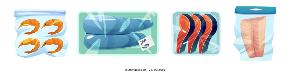 Paquetes de mariscos aislados sobre fondo blanco. Ilustración de dibujos animados de Vector de camarones, filete de pescado, filetes de salmón y trucha envasados en cajas de plástico y bolsas de polietileno, comida gourmet, diseño de tienda
