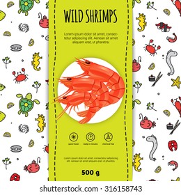  Seafood packaging design for wild shrimps with plate flat vector illustration 