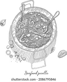 Seafood paella with rice on the pan. Sketchy hand-drawn vector illustration.
