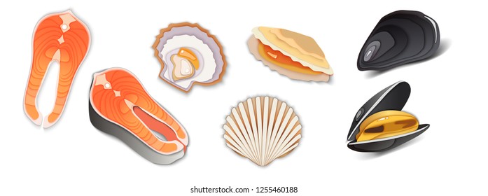 Seafood in paper volumetric style layers. Vector mussels, fish, salmon, clam, oyster.