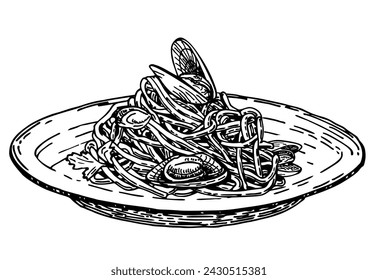 Seafood Pasta. Italian pasta sketch. Mussel pasta on a plate. Traditional sauce and spaghetti. Mediterranean Kitchen. Vector hand drawn food.