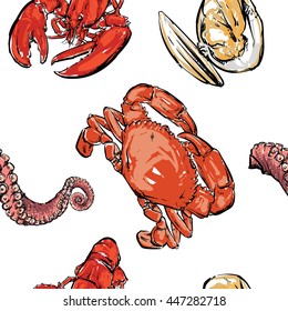 Seafood pattern drawing. Hand drawn vector. Clam with clipping path. Tentacles of octopus isolated set collection.