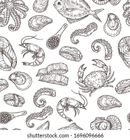 Seafood pattern. Hand drawn ink sea life. Sketch japanese food, engraving vintage ocean ingredients. Salmon fish squid vector background. Seafood restaurant, mollusk and drawn fish illustration