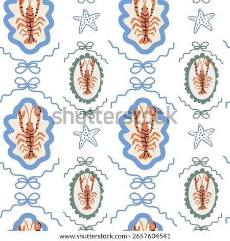 Seafood pattern with lobsters and starfish in nautical colors.