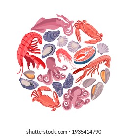 Seafood pattern round shape. Decorative frame with shrimps, lobsters, salmon, mussels, crabs, scallops, oysters and baby octopuses. Hand drawn vector illustration in flat style with dry brush texture.