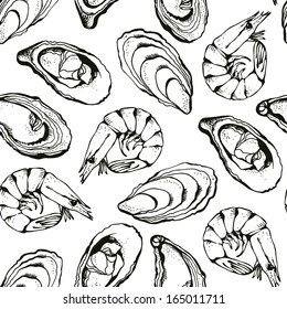 Seafood pattern, seamless background from hand drawn oysters and shrimps