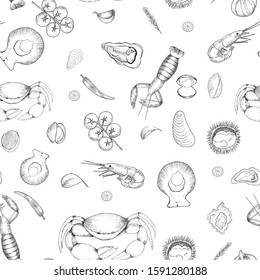 Seafood pattern seamless with shrimp, crab, mollusks, lobster, oregano, lemon, cherry, garlic. Vector - eps 10. Food and restorant design.