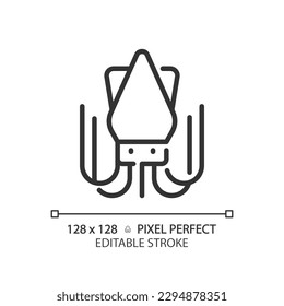 Seafood pixel perfect linear icon. Squid meat. Marine food. Fish market. Fresh catch. Sea life. Gourmet meal. Thin line illustration. Contour symbol. Vector outline drawing. Editable stroke