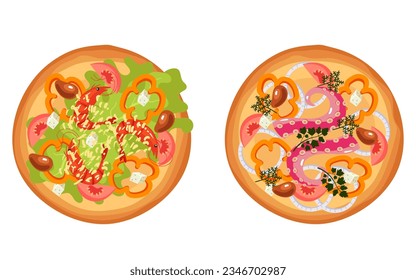 Seafood pizza with cheese vegetable slice cheese mushroom isolated set. Vector flat graphic design illustration