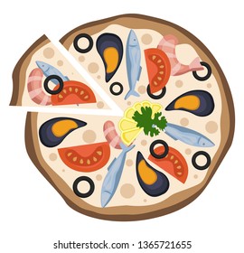 Seafood pizza illustration vector on white background
