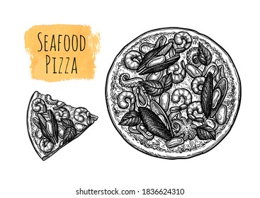 Seafood pizza. Ink sketch isolated on white background. Hand drawn vector illustration. Retro style.