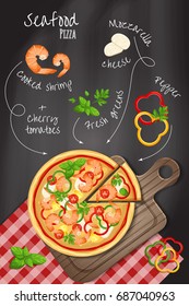 Seafood pizza on the chalkboard background with the ingredients for the pizza: shrimps, pepper, mozzarella and greenery. Pizza recipe. Vector illustration 