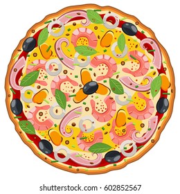 Seafood pizza top view illustration with shrimps, octopus meat, calamari, mussels, olives and basil. Fast food realistic template for web and graphic design works.  