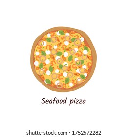 Seafood pizza top view with ingredients. Italian tasty pizza with mussels, shrimp, squid and cheese. Flat style isolated on white background. Vector