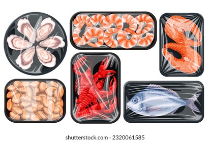 Seafood in plastic trays set vector illustration. Cartoon isolated frozen or cold fresh fish and shellfish collection in styrofoam packages with polythene film wrap, sea products in supermarket trays