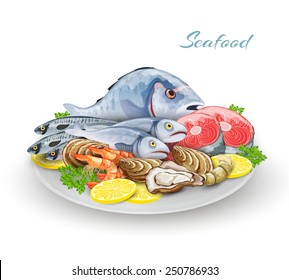 Seafood plate with delicacy gourmet fish restaurant products composition vector illustration