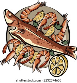 Seafood plate. Grilled fish, shrimp, lemon. Grilled fish with rosemary and lemon on a plate. Whole fried dorado vector illustration.