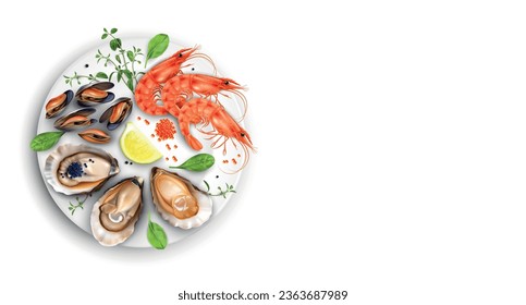 Seafood plate on white background composition with isolated realistic top view of gourmet dish with shadow vector illustration