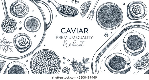 Seafood platter frame in vintage style. Red caviar canape, black caviar tin can, lemons hand drawn sketches. Sea delicacy background for restaurant menu or finger food party banner design