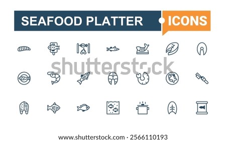 Seafood Platter icons set in linear style. Contains related to star, starfish, delicatessen, menu, conch and more. Minimalistic icons. Solid line editable vector illustration.