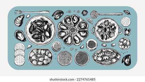 Seafood platter illustrations collection in collage style. Hand-drawn shellfish - mussels, oysters, shrimps, caviar, canned fish canape sketches. Mediterranean cuisine, restaurant menu, finger food 