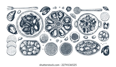 Seafood platter illustrations set in vintage style. Hand-drawn shellfish, mussels, oysters, shrimps, caviar, and canned fish sketches. Mediterranean cuisine, restaurant menu, finger food party drawing