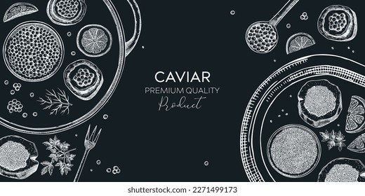 Seafood platter on chalkboard. Red caviar canape, black caviar tin, lemons sketches. Sea delicacy background for restaurant menu or finger food party. Hand drawn canned fish banner design