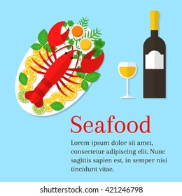 Seafood platter vector flat  illustration. Lobster on a plate with lemon and  wine bottle.