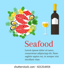 Seafood platter vector flat illustration. Cooked salmon steak on a plate with lemon and  wine bottle.