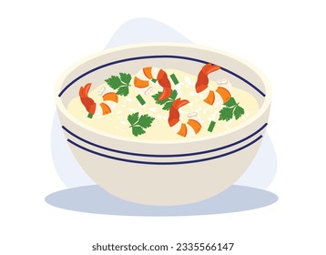 Seafood Porridge,Boiled rice soup. Thai traditional rice soup with shrimp. Flat vector cartoon illustration