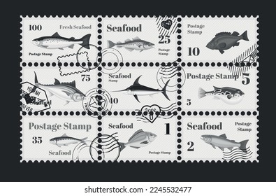 Seafood postage stamp black and white postal paper antique aquatic vintage mail letter delivery service set vector illustration. Marine post correspondence fish retro underwater grunge imprint sticker