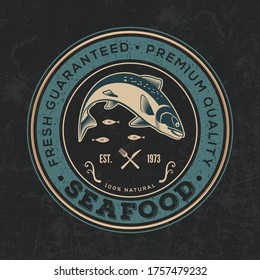 Seafood poster, banner or logo template with jumping salmon fish. Vector illustration
