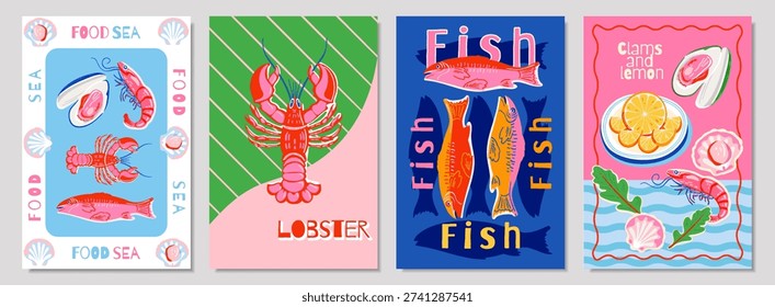 Seafood poster collection with fish, lobster, shrimp and shell in bright vintage style. Decorative illustration with bold colors for restaurant, menu, print and food design.