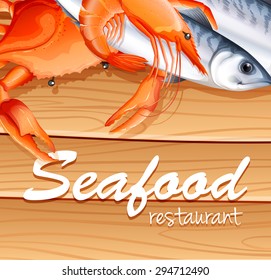 Seafood poster with different kind of seafood and text