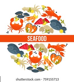 Seafood poster of fresh fish catch for sea food restaurant fisher market