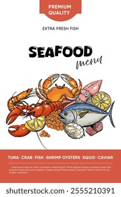 Seafood, poster, packaging, announcement. Line drawing engraving vector, Hand drawn food. 