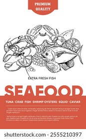 Seafood, poster, wrapping. Line drawing engraving vector, Hand drawn food. 