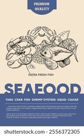 Seafood, poster, wrapping. Line drawing engraving vector, Hand drawn food.