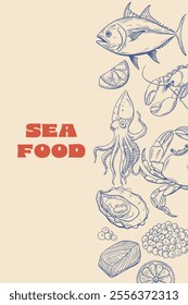 Seafood, poster, wrapping. Line drawing engraving vector, Hand drawn food.