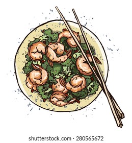 Seafood. Prawn salad. Vector illustration