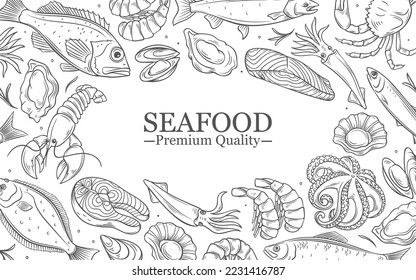 Marisco, ilustración vectorial de calidad superior. Restaurante con línea de trazo manual de diseño de menú con pescado fresco y camarones, bogavante y calamares, cangrejo y salmón para la cena en la frontera de mariscos