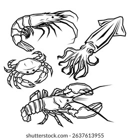 Seafood Print Set, Ketorized Marine Life, Shrimp, Crab, Squid and Crab Woodcut Style