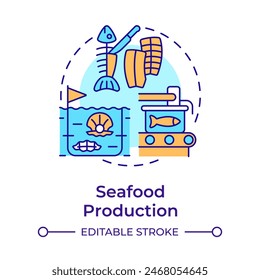Seafood production multi color concept icon. Aqua farming, aquatic resources. Round shape line illustration. Abstract idea. Graphic design. Easy to use in infographic, presentation