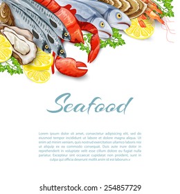 Seafood products background with salmon shrimp crab shellfish mollusk vector illustration