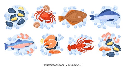 Meeresfrüchte-Produkte in Würfelblöcken aus Eis mit Fisch und Schalentieren Vektor-Illustration. Krabben, Muscheln, Karpfen, Hering, Krebse, Garnelen, Lachs, Forelle, Auster für exotische Küche und kulinarische Karte