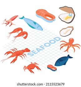 Seafood products isometric 3d vector concept for banner, website, illustration, landing page, flyer, etc.