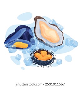 Seafood products oyster mussel sea urchin with ice cubes isometric vector illustration. Diet eating food protein healthy meal market shop store restaurant menu freshness nourishment delicious